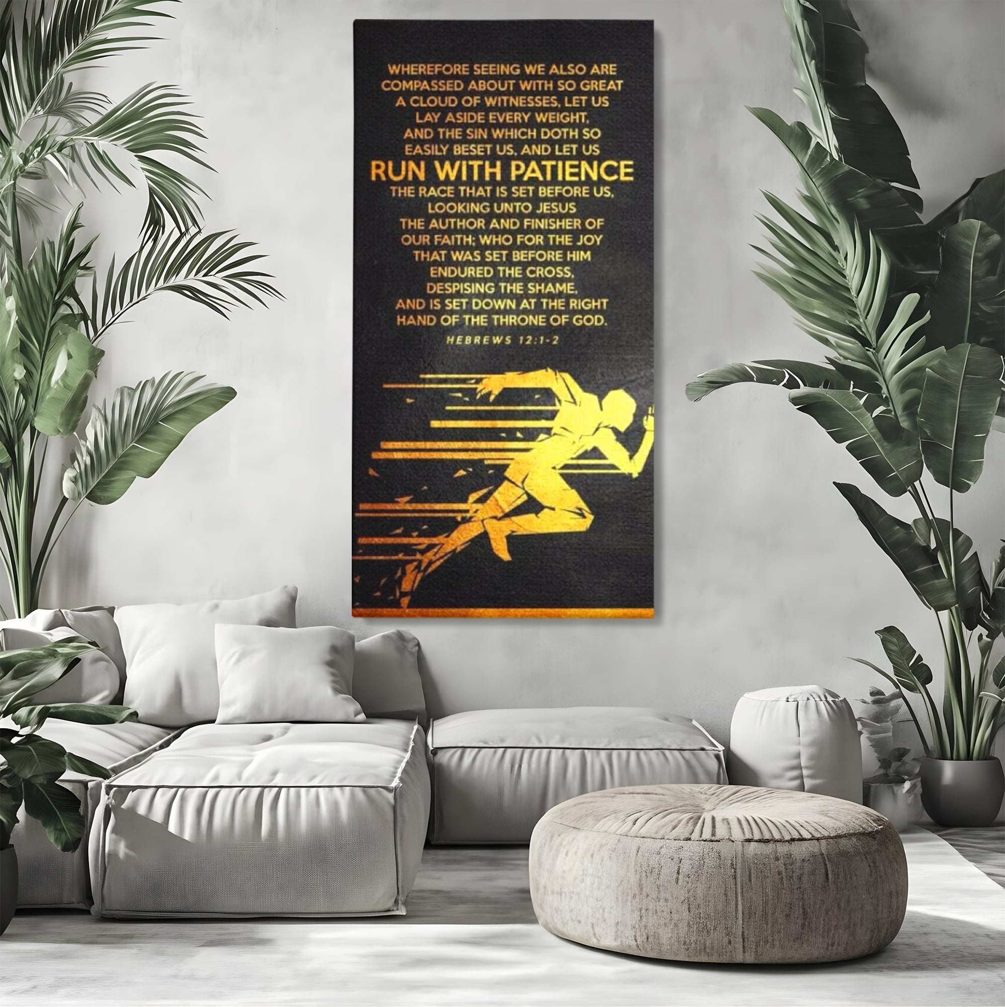 Tablou canvas cu tablou canvas cu alergator si verset biblic, fara rama, pe sasiu de lemn, pe perete intr-un living